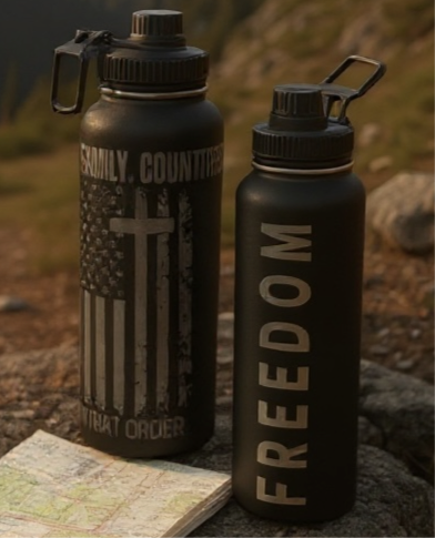 🦅 32oz Freedom Stainless Steel Engraved Water Bottle –  
God. Family. Country. In That Order.