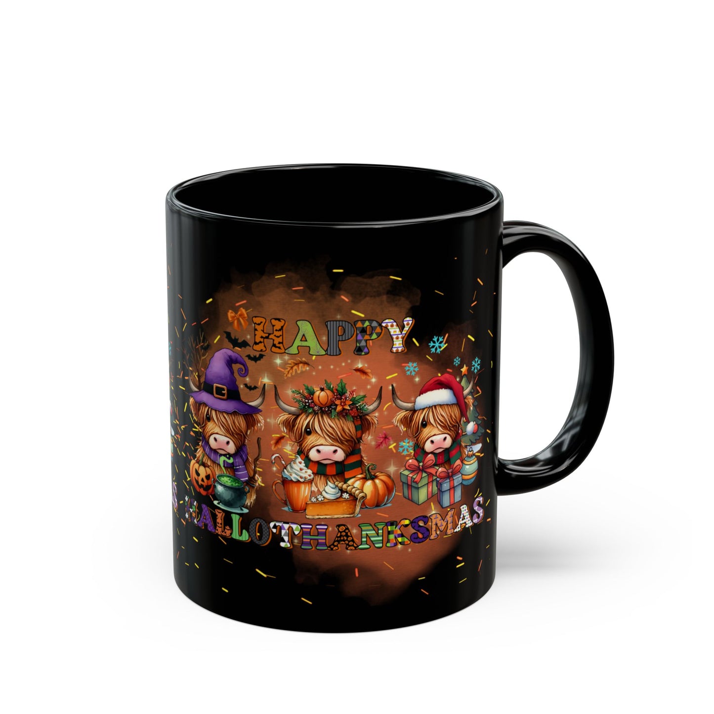 Happy HalloThanksMas Black Mug 11oz 200-3