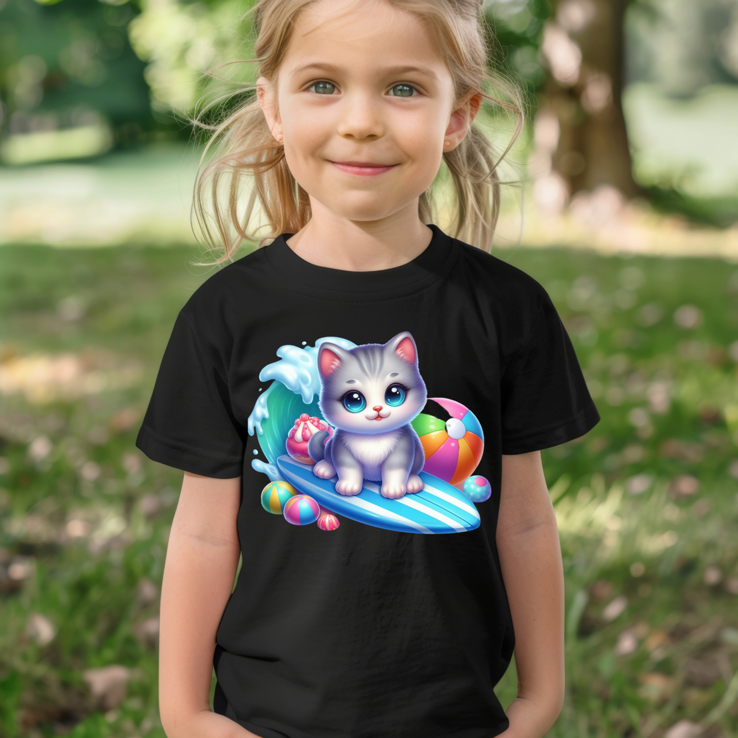 Children's T Shirt -Girls Kitten on wave 13-7