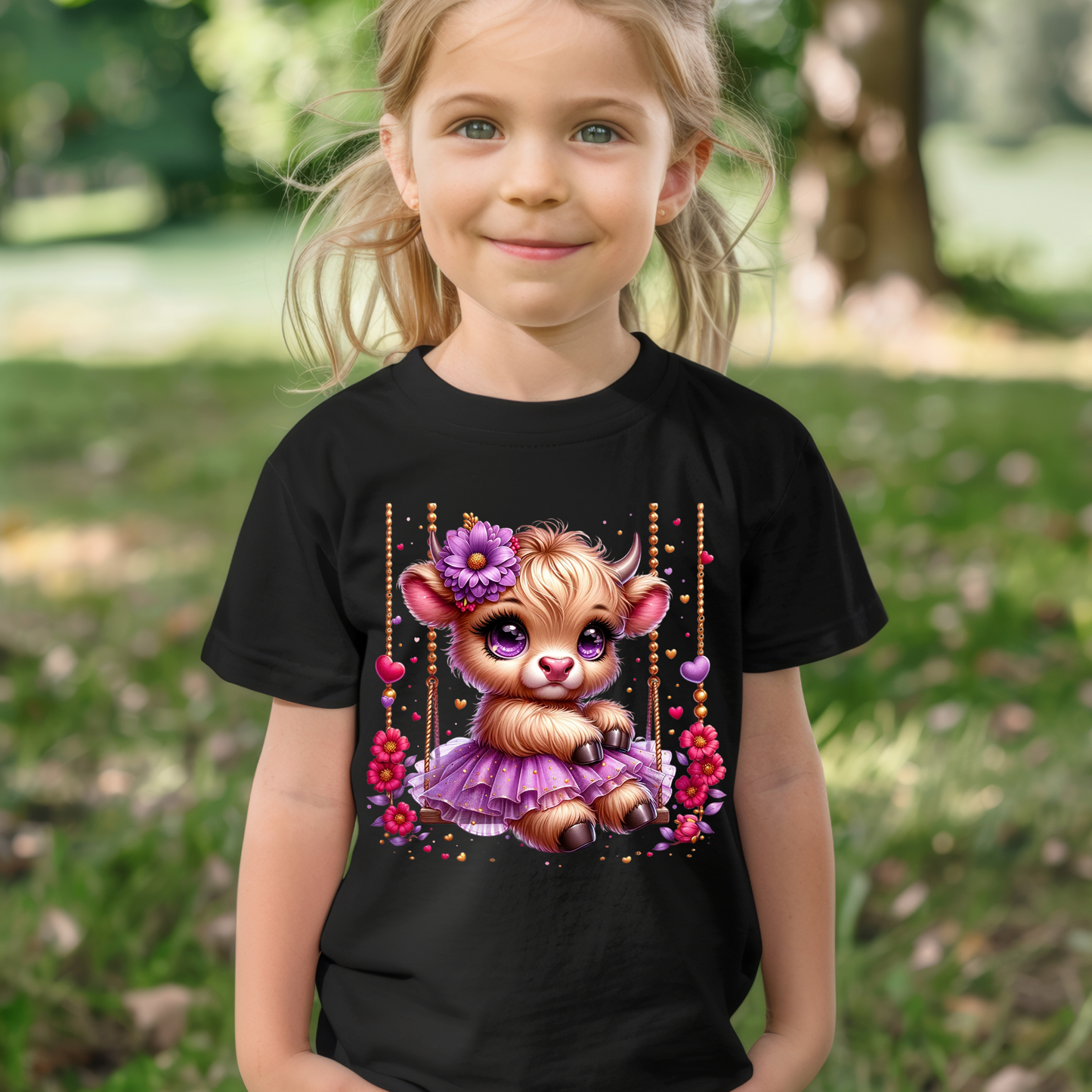 Children's Shirt -Girls Cute Cow on swing 13-18