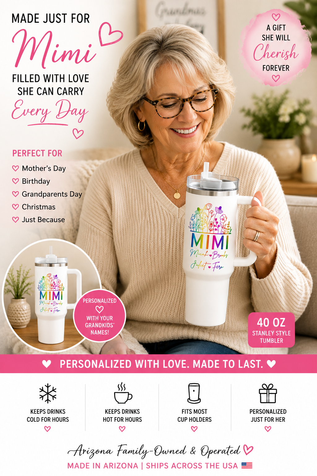 A promotional graphic for a personalized white 40 oz stainless steel tumbler mug. The main image shows a smiling older woman holding the mug, with a smaller inset showing the mug from the front.