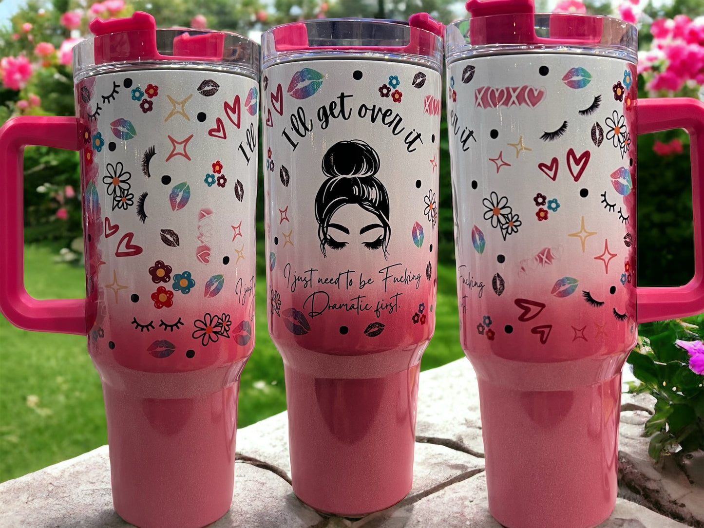40oz Stanley Style Thirst Quencher Tumblers -Ill get over it, pink/white holographic, glitter,