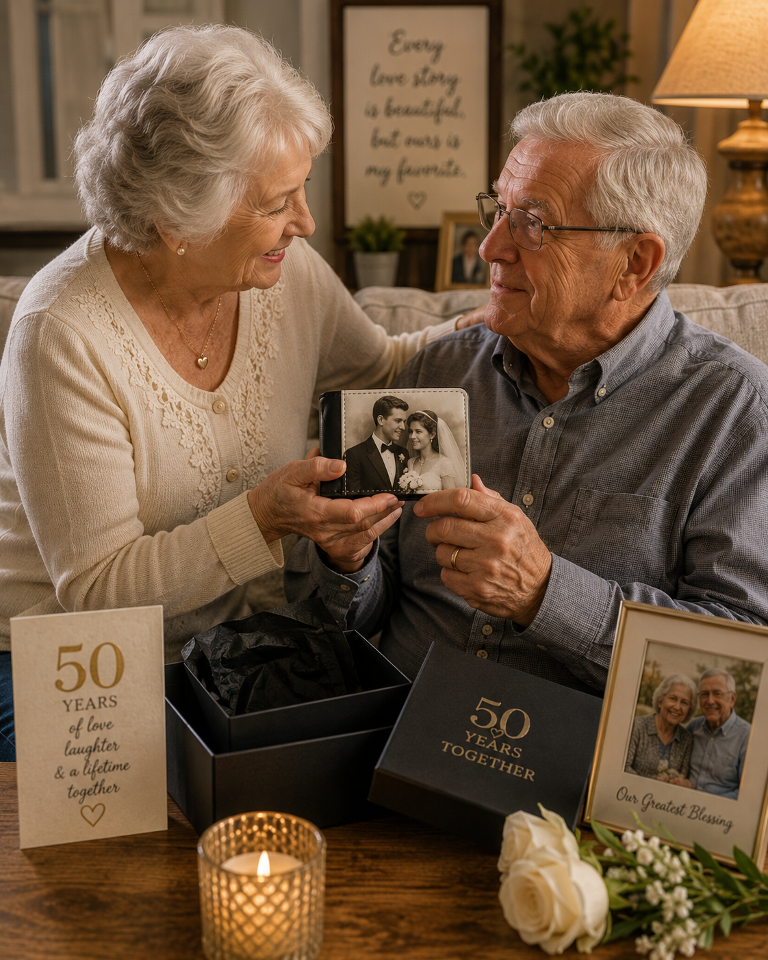 An elderly couple sits together in a warmly lit living room, holding a small photo frame that shows them as a young couple. A black gift box with the words '50 Years Together' is open on the table, along with matching framed prints and decorative candles and flowers.