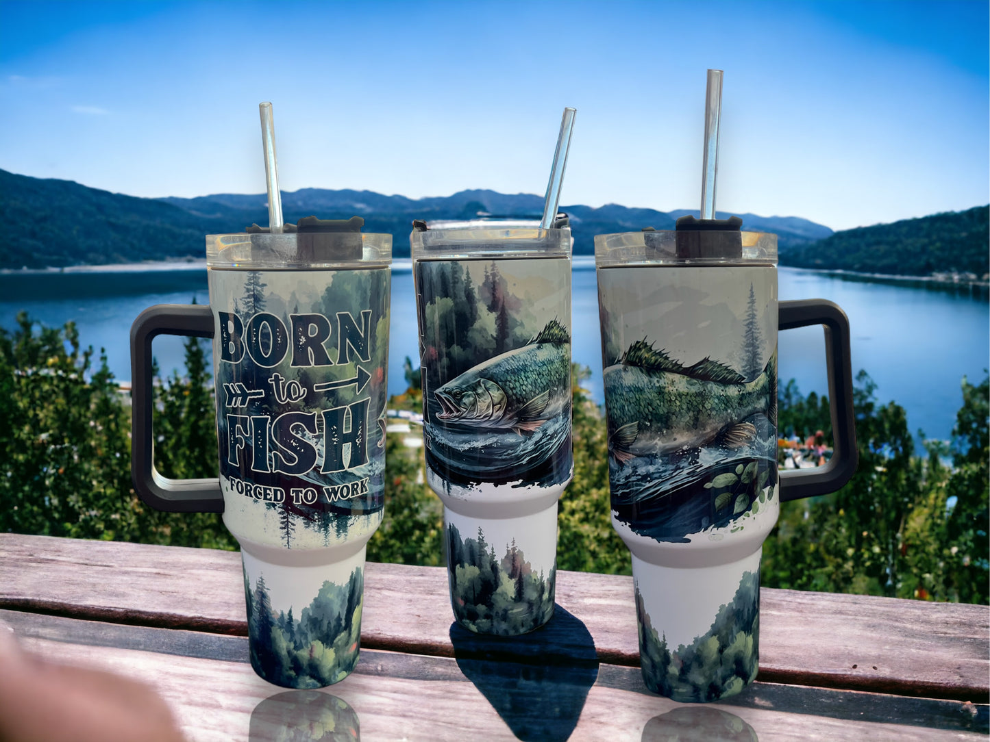 Lake Life Vibes – 40oz Stainless Steel Thirst Quencher with “Born to Fish, Forced to Work” Wilderness Lake Design