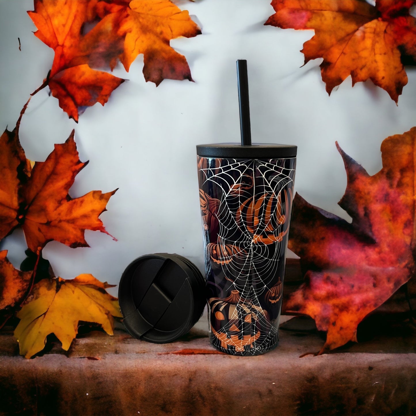 20oz Coffee Travel Tumbler with dual lids happy Halloween castle spiderwebs