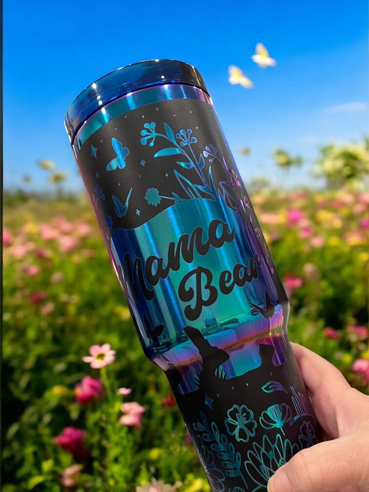 Engraved Rainbow Mama Bear with 2 cubs- 40oz Stainless Steel Portable Cup with Handle -