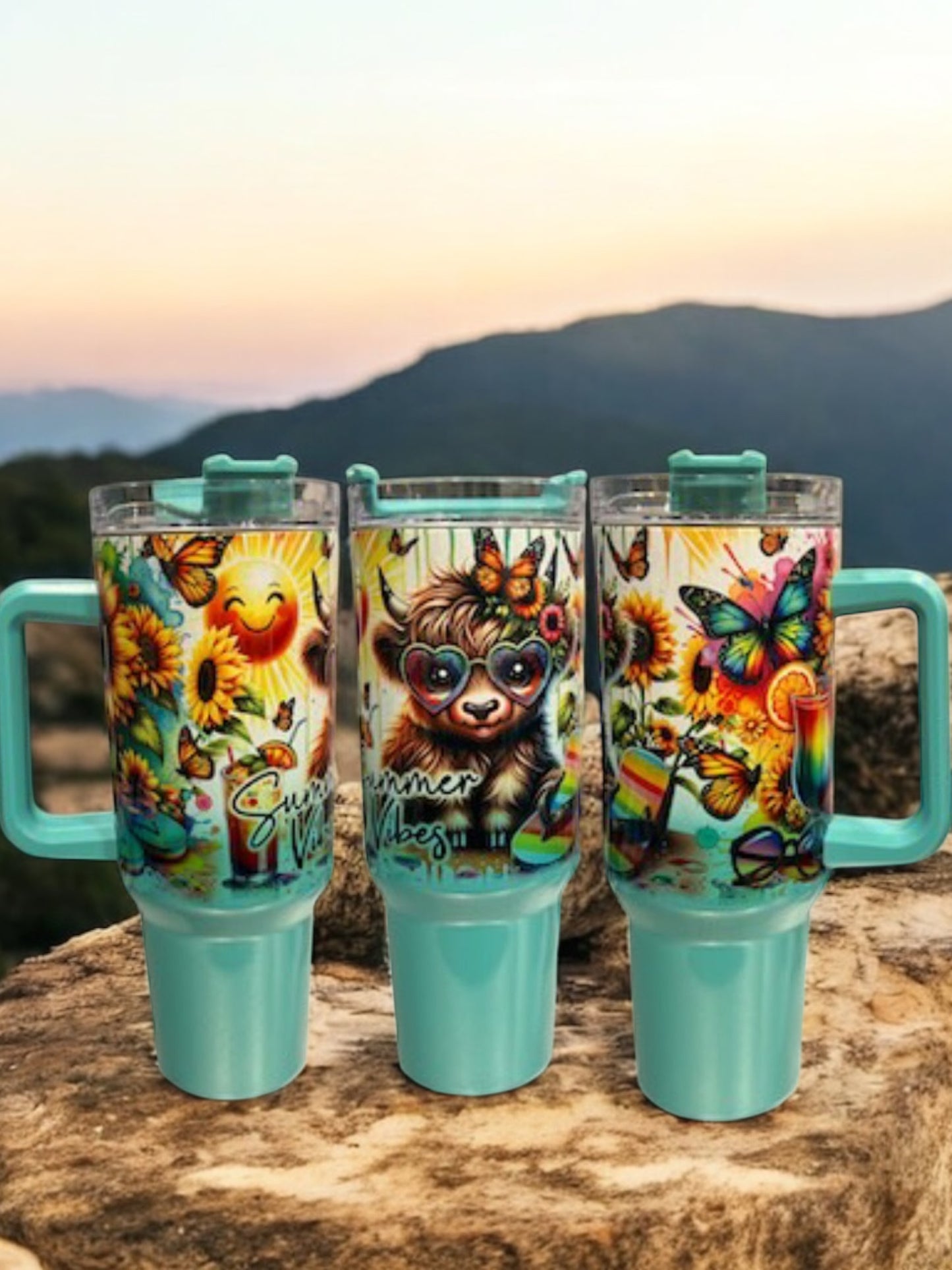 40oz Stanley Style Thirst Quencher Tumblers - Beach Cow holographic shimmer