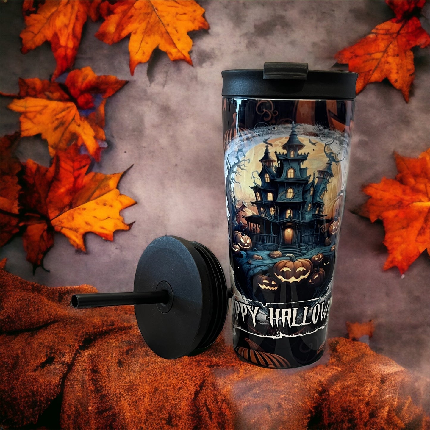 20oz Coffee Travel Tumbler with dual lids happy Halloween castle spiderwebs