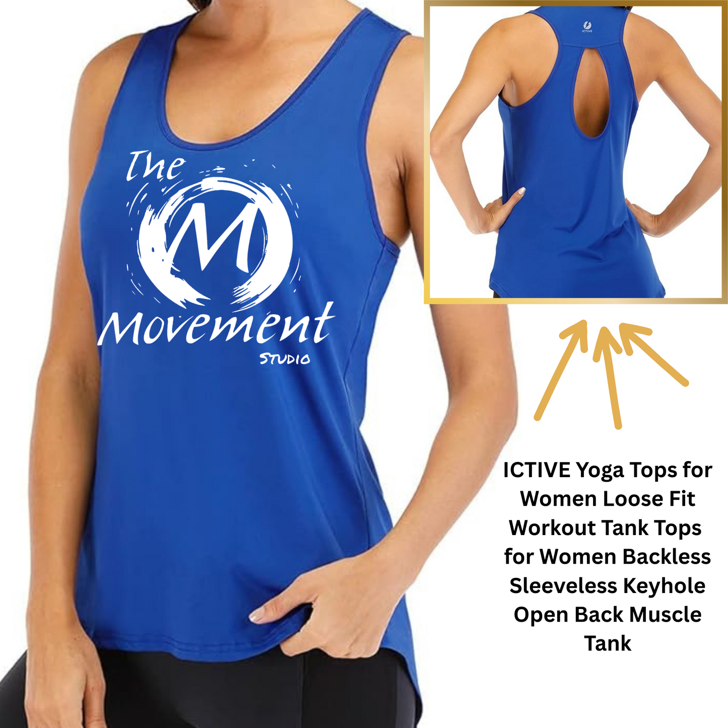 ICTIVE Women’s Loose Fit Yoga Tank Top – Sleeveless, Backless, and Branded with The Movement Studio Logo
