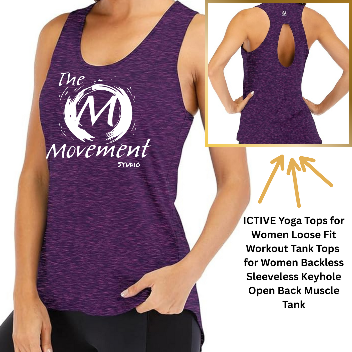 ICTIVE Women’s Loose Fit Yoga Tank Top – Sleeveless, Backless, and Branded with The Movement Studio Logo