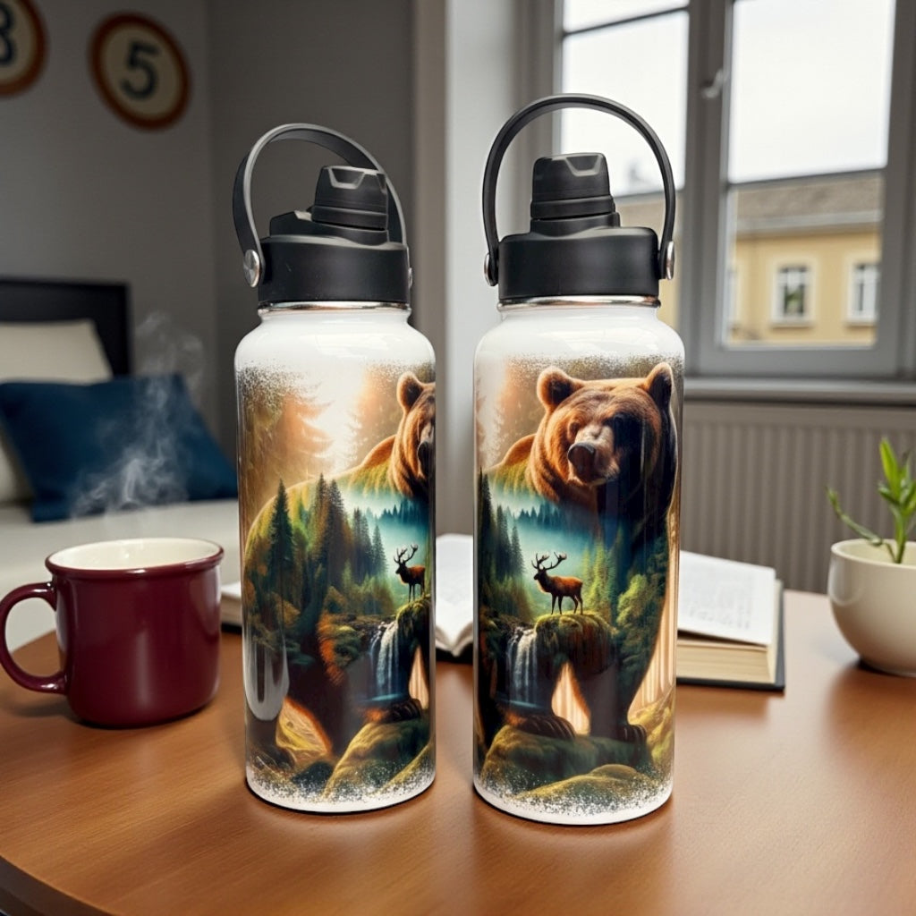 32oz Hydro Sports Water Bottle β Bear Hunting Mountain Forest Design | Dual 2-in-1 Lid, Vacuum Insulated Stainless Steel