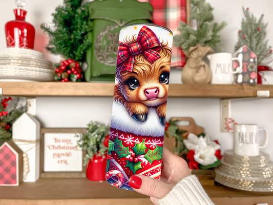 20oz HOLOGRAPHIC Shimmer Tumbler- Christmas cow in stocking