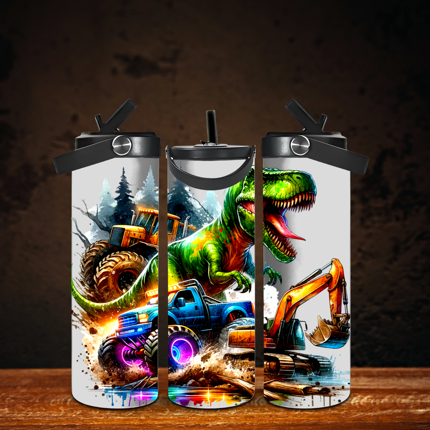 Dinosaur Meets Monster Truck Fun & Functional 20oz Leak-Proof Stainless Steel Water Bottle