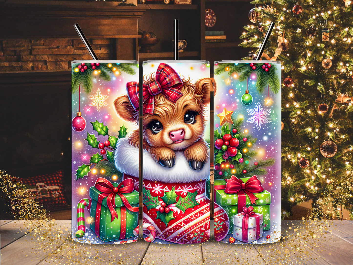 20oz HOLOGRAPHIC Shimmer Tumbler- Christmas cow in stocking