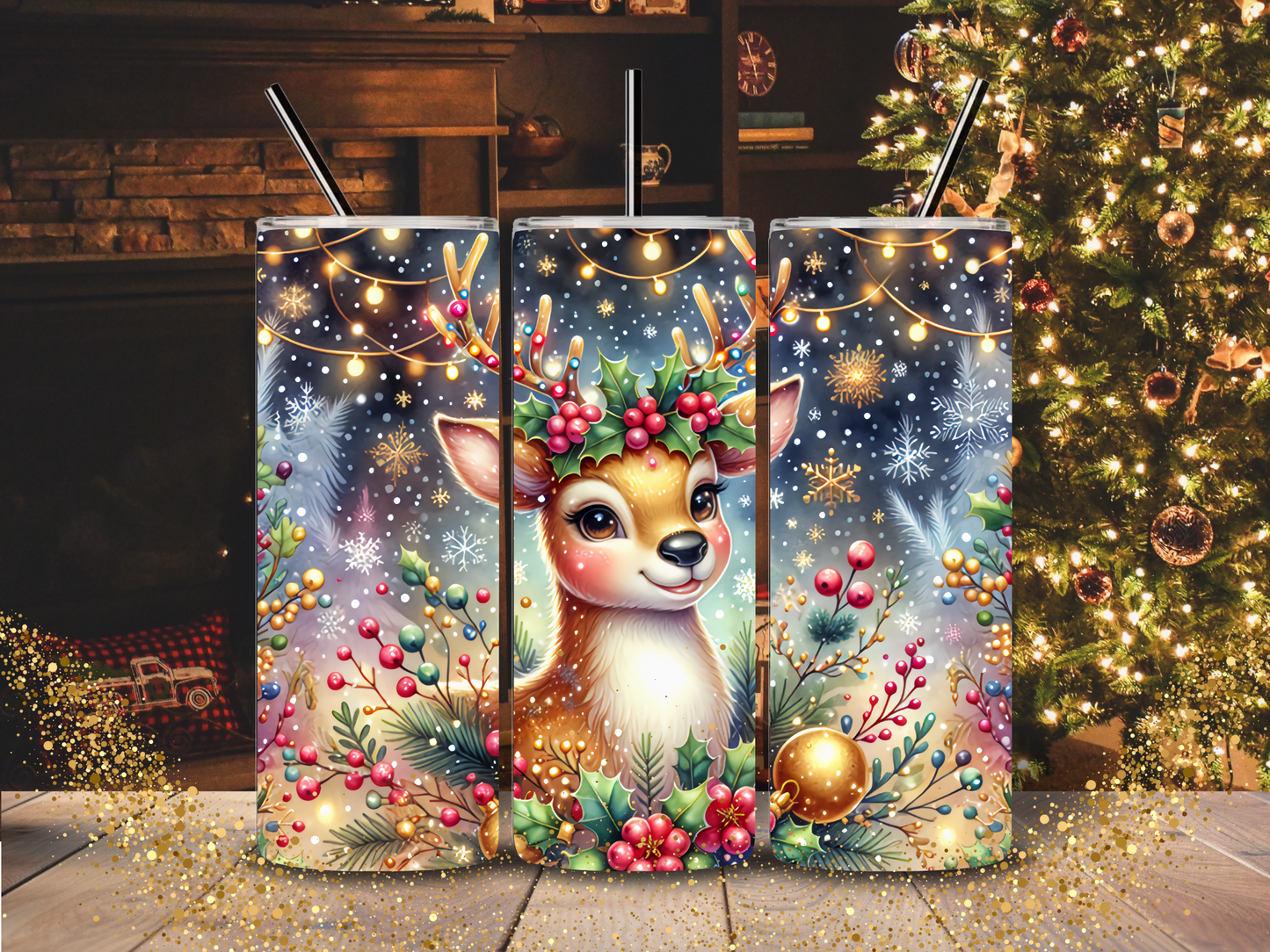 20oz HOLOGRAPHIC Shimmer Tumbler- Christmas Deer