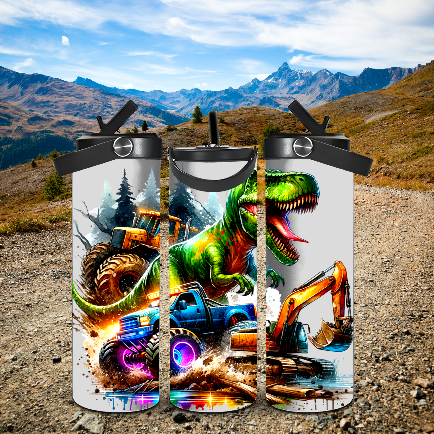 Dinosaur Meets Monster Truck Fun & Functional 20oz Leak-Proof Stainless Steel Water Bottle