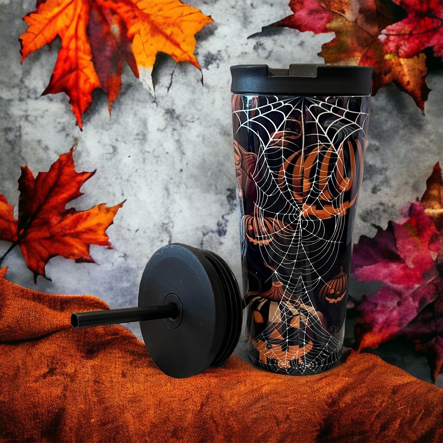 20oz Coffee Travel Tumbler with dual lids happy Halloween castle spiderwebs
