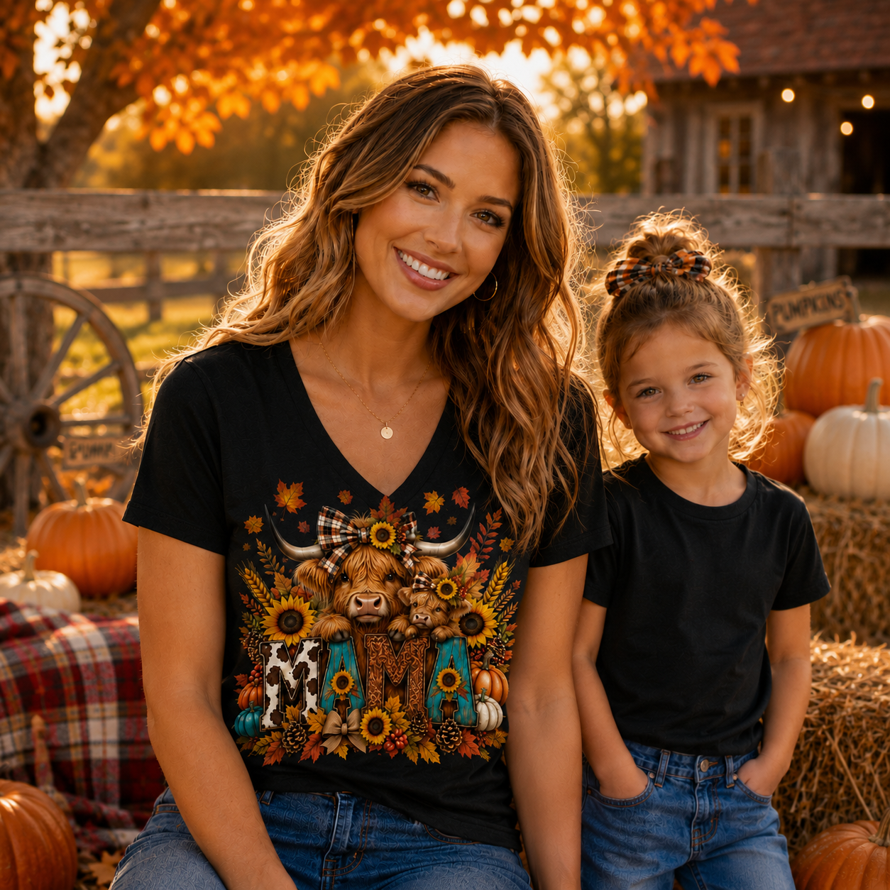 A smiling woman and a young girl sit together outdoors in a fall-themed setting with pumpkins, hay, and autumn trees. The woman wears a black V-neck graphic T-shirt with a colorful bull, sunflowers, and cow details, while the girl wears a plain black T-shirt.