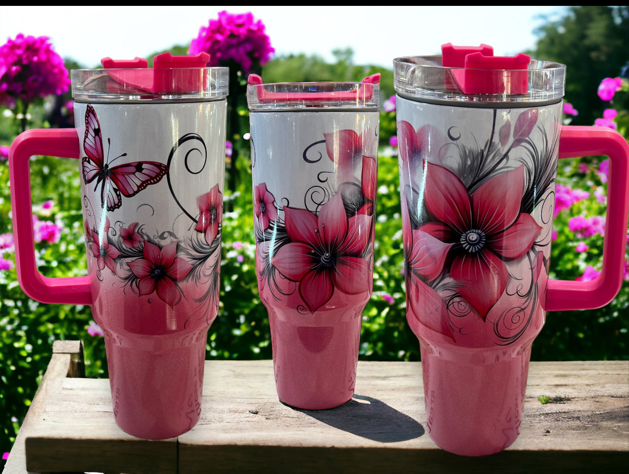 40oz Stanley Style Thirst Quencher Tumblers- Pink Butterfly and Flower