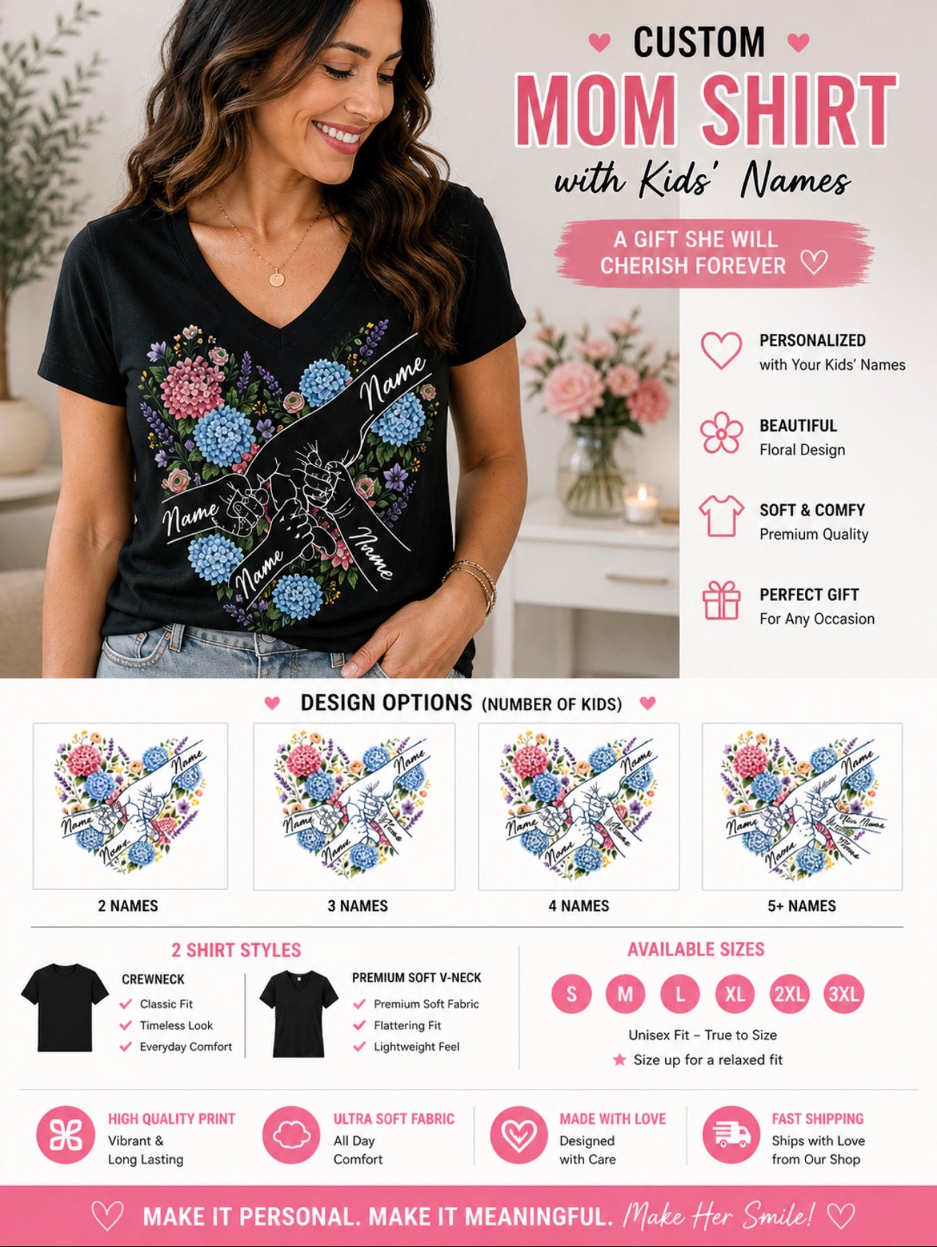Personalized Mom Shirt with Kids Names – Custom Mother’s Day Gift –Colorful Floral Hand Design – Crew Neck or Soft V-Neck (Copy)
