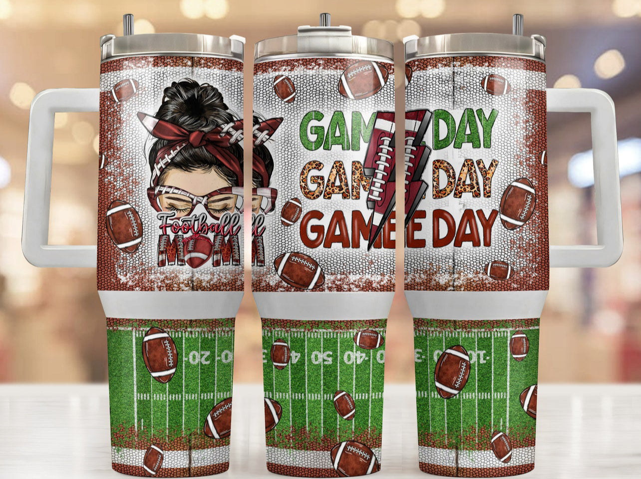 40oz “Football Mom” Stainless Steel Travel Tumbler with Handle