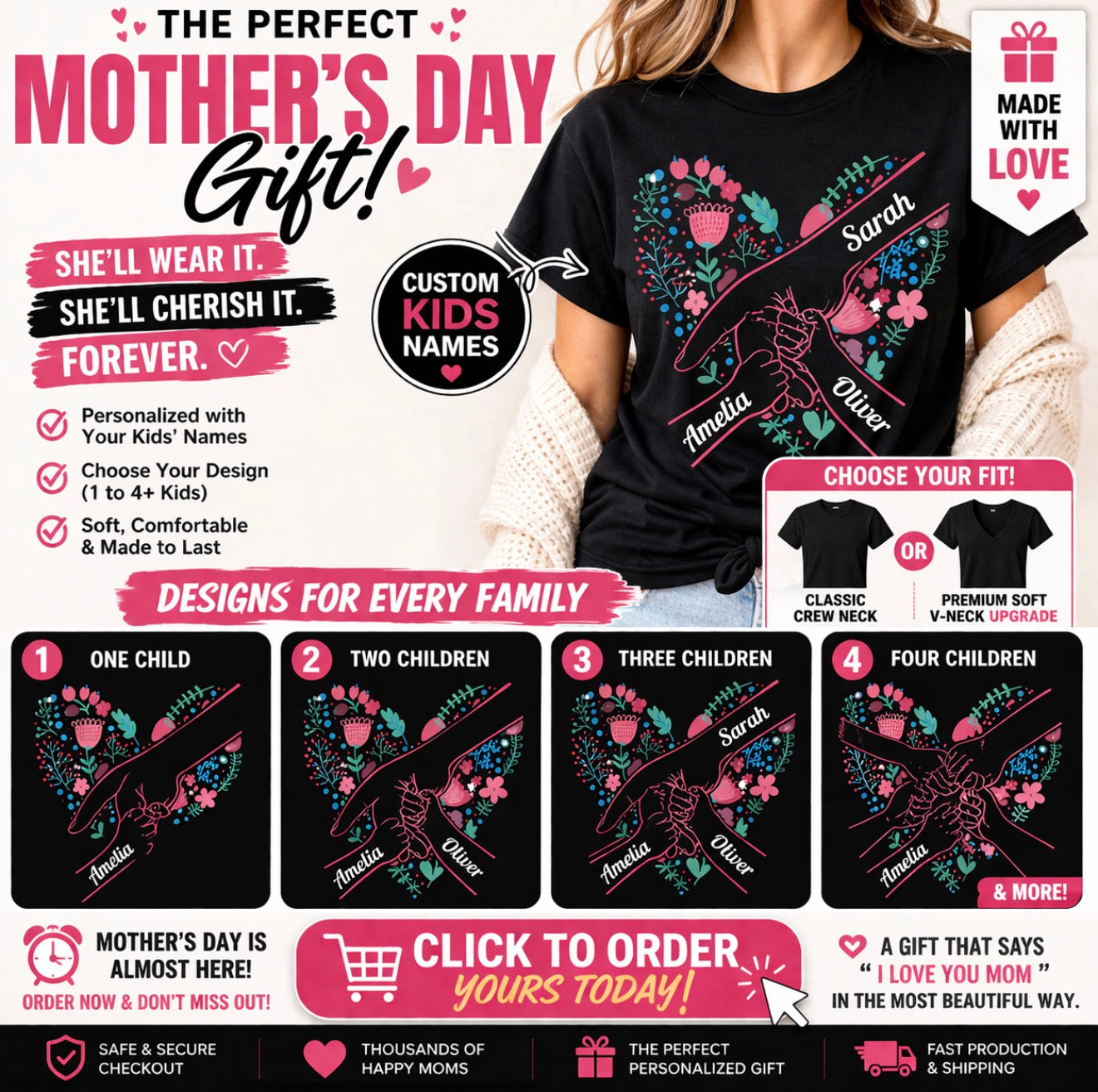Personalized Mom Shirt with Kids Names – Custom Mother’s Day Gift – Floral Hand Design – Crew Neck or Soft V-Neck