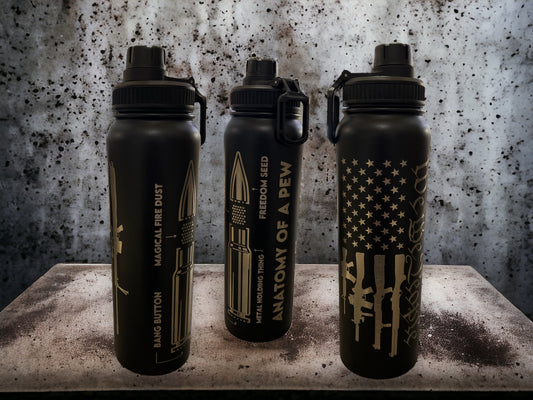 34oz Lazer Engraved Sports Water Bottles - anatomy of a pew pew 
