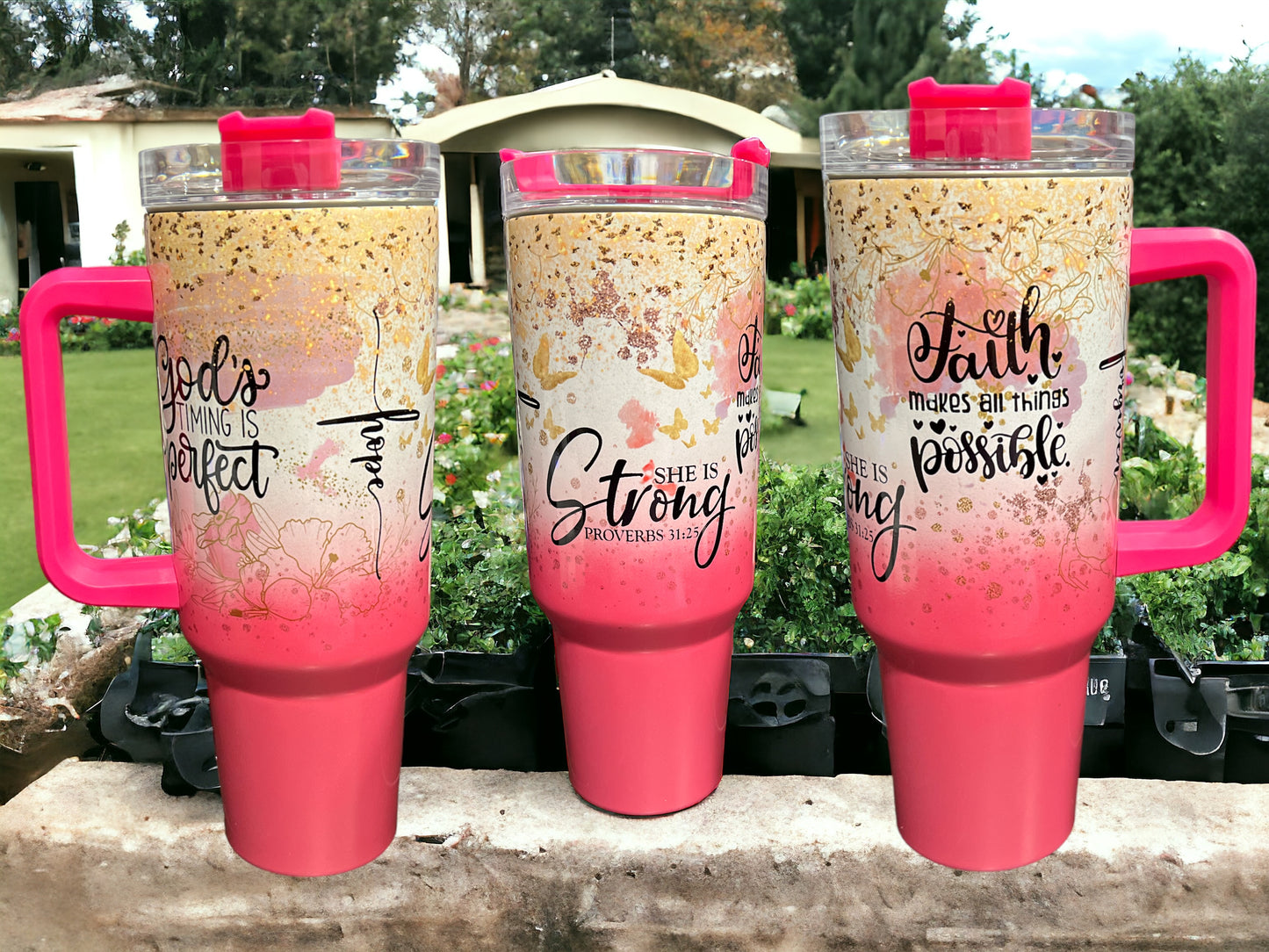 40oz Stanley Style Thirst Quencher Tumblers - she is strong proverbs. God‘s timing is perfect faith makes all things possible 