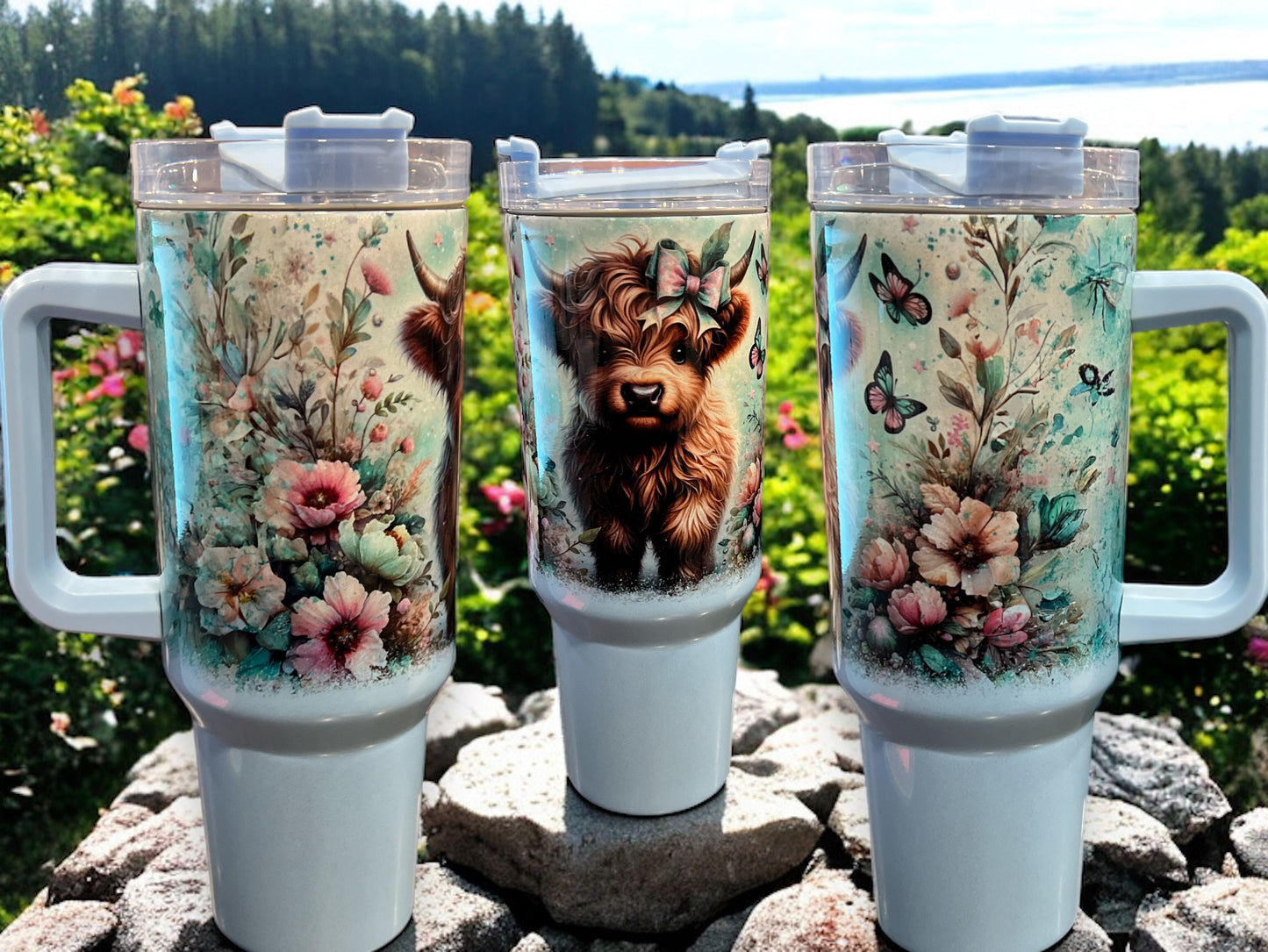 40oz Stanley Style Thirst Quencher Tumblers -cow with butterflies, sunflowers blue/white holographic sparkle