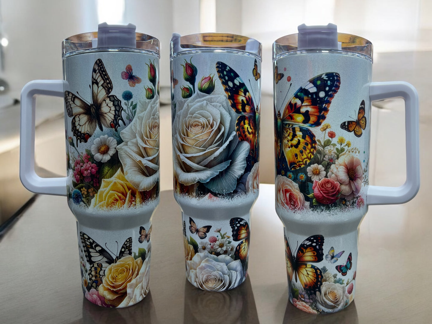 Gorgeous Butterflies with Flowers Holographic Sparkle 40oz Cup Water Bottles - Reusable Portable Drinkware for Everyday Use