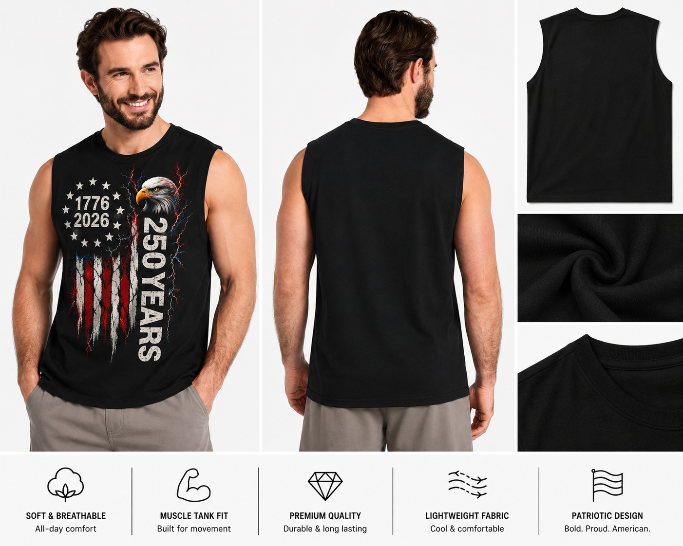 America 250 Patriotic Tank Top | 1776-2026 American Freedom Eagle Muscle Tank