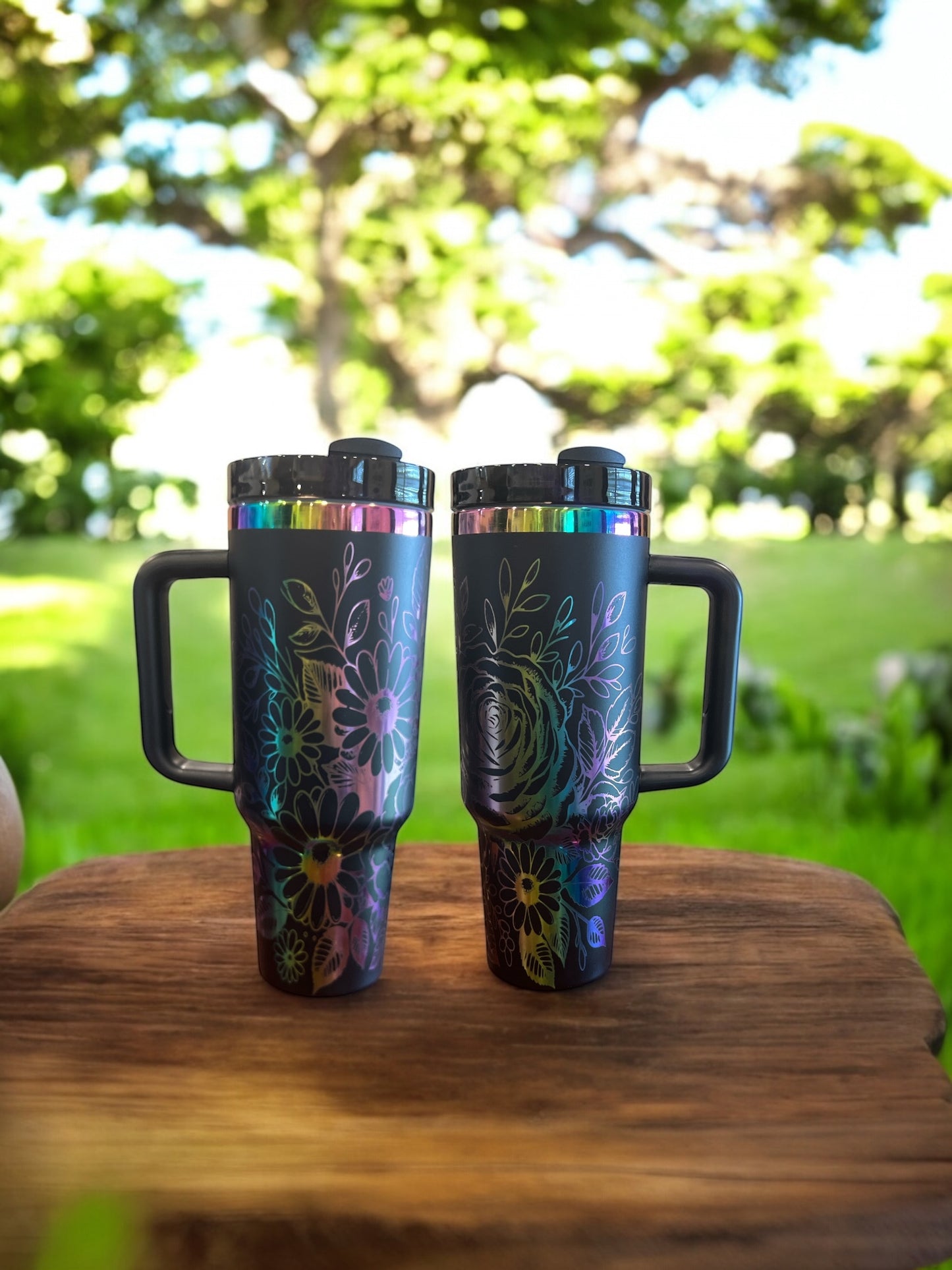 Rainbow engraved roses 40oz Stainless Steel Portable Cup with Handle