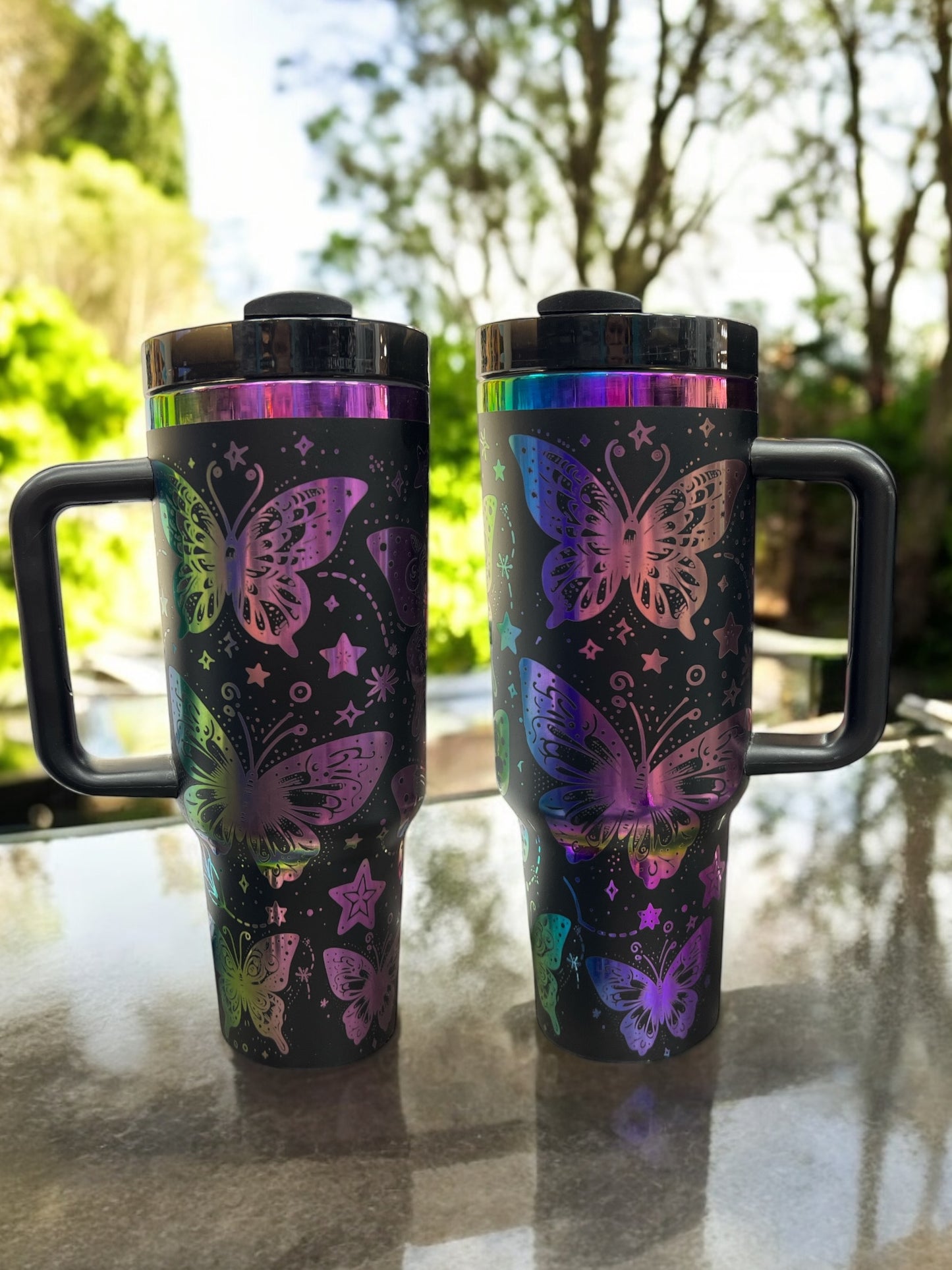Rainbow engraved Butterflys 40oz Stainless Steel Portable Cup with Handle