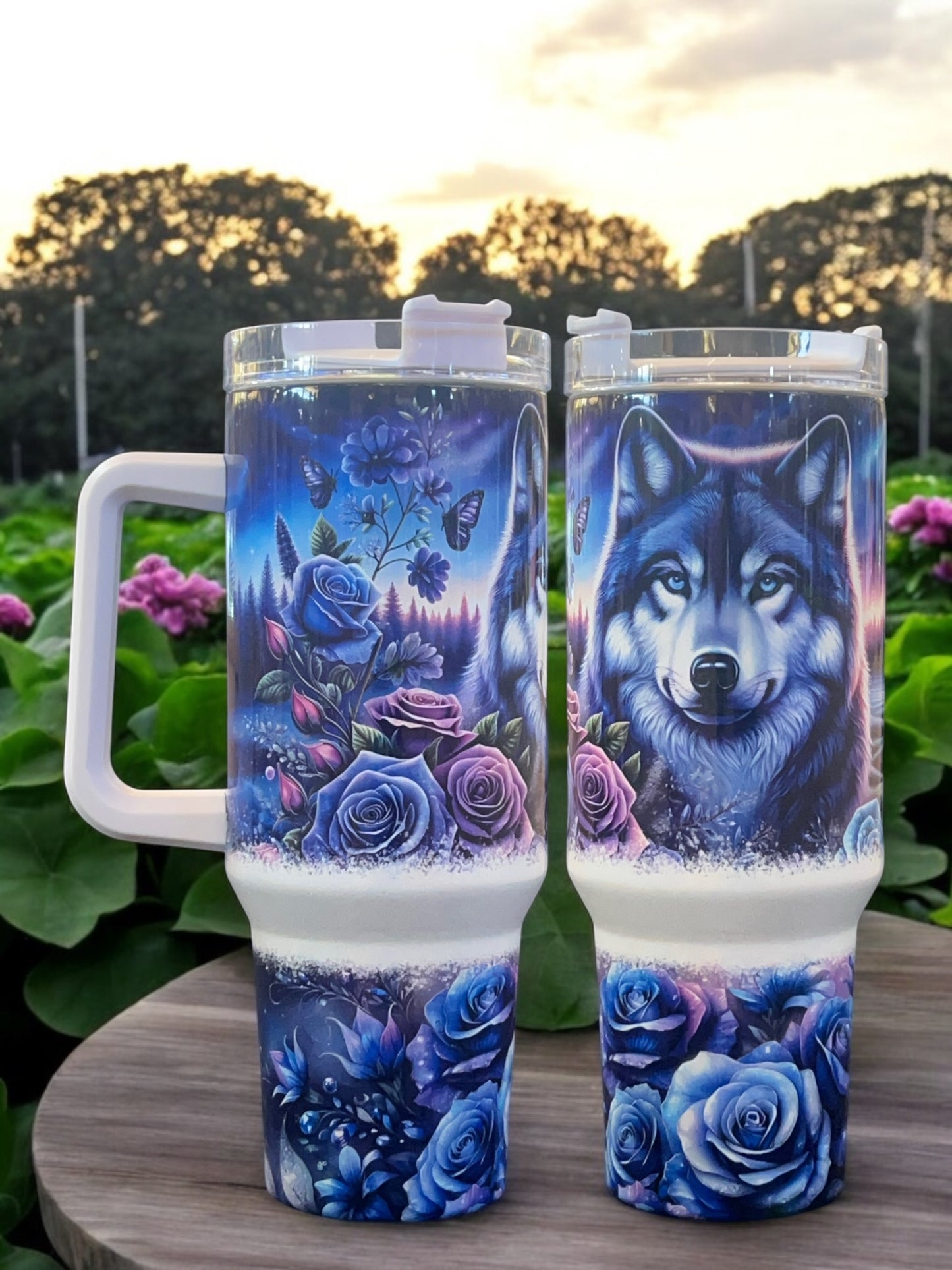 Fierce meets floral, Wolf Blue Purple Roses holographic shimmer 40oz Stainless Steel Thirst Quencher Travel Cup Tumblers (Copy)