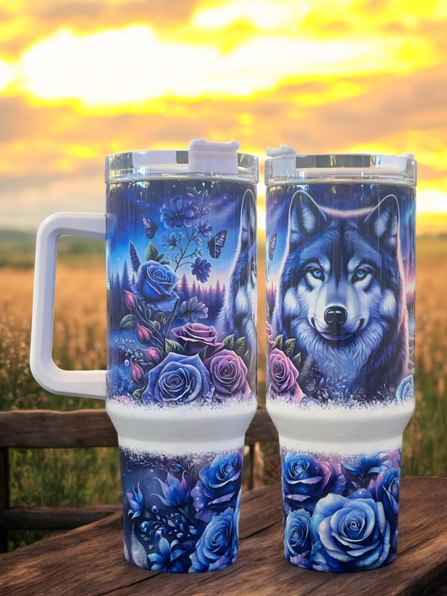 Fierce meets floral, Wolf Blue Purple Roses holographic shimmer 40oz Stainless Steel Thirst Quencher Travel Cup Tumblers (Copy)