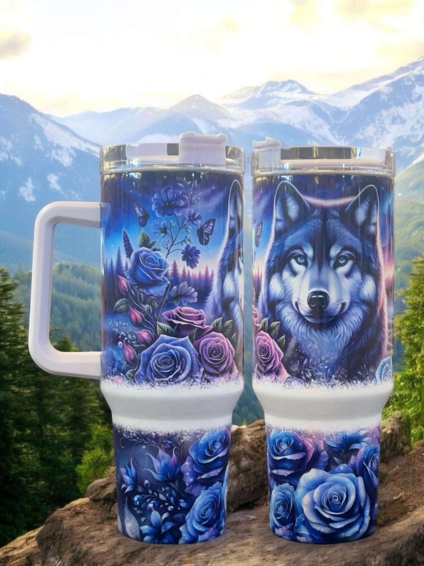 Fierce meets floral, Wolf Blue Purple Roses holographic shimmer 40oz Stainless Steel Thirst Quencher Travel Cup Tumblers (Copy)