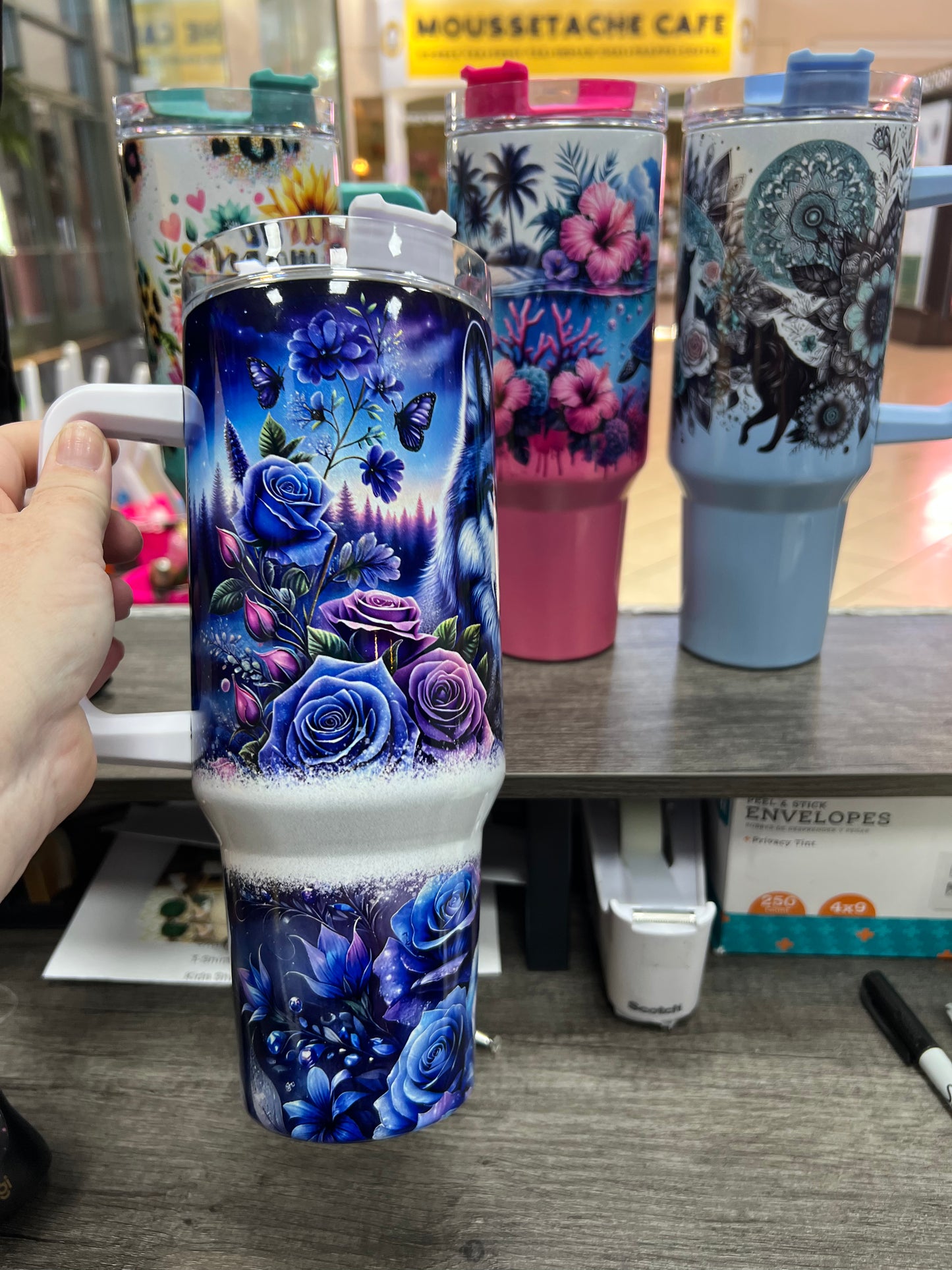 Fierce meets floral, Wolf Blue Purple Roses holographic shimmer 40oz Stainless Steel Thirst Quencher Travel Cup Tumblers (Copy)