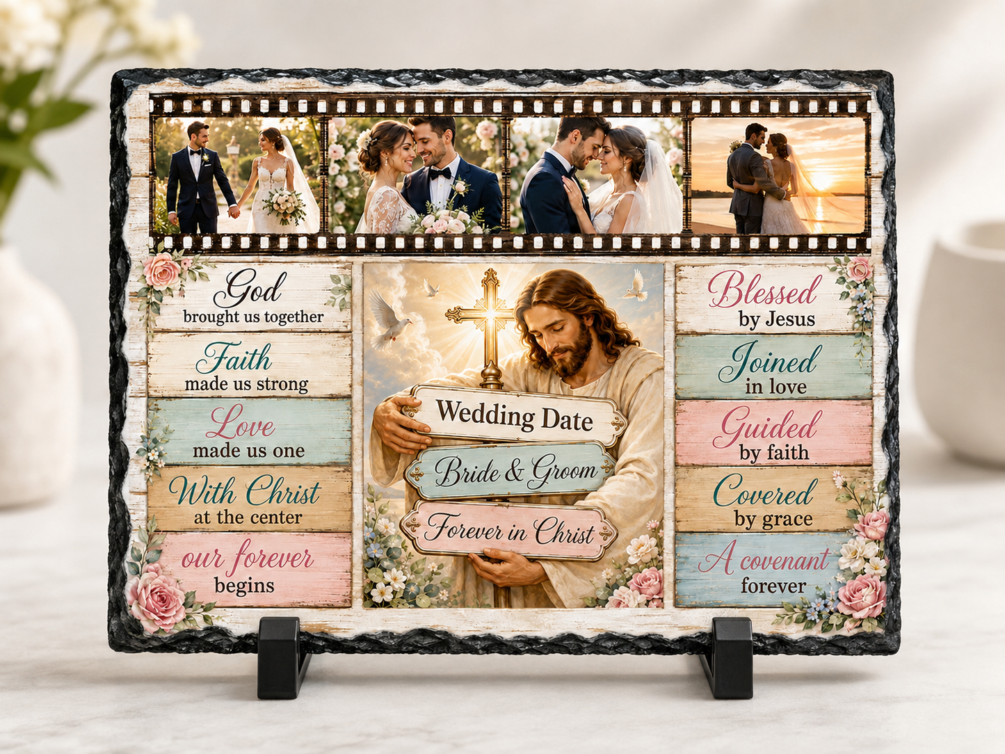 Personalized Christian Wedding Rock Slate – Custom Wedding Photos, Names & Date | Jesus & Cross Marriage Gift