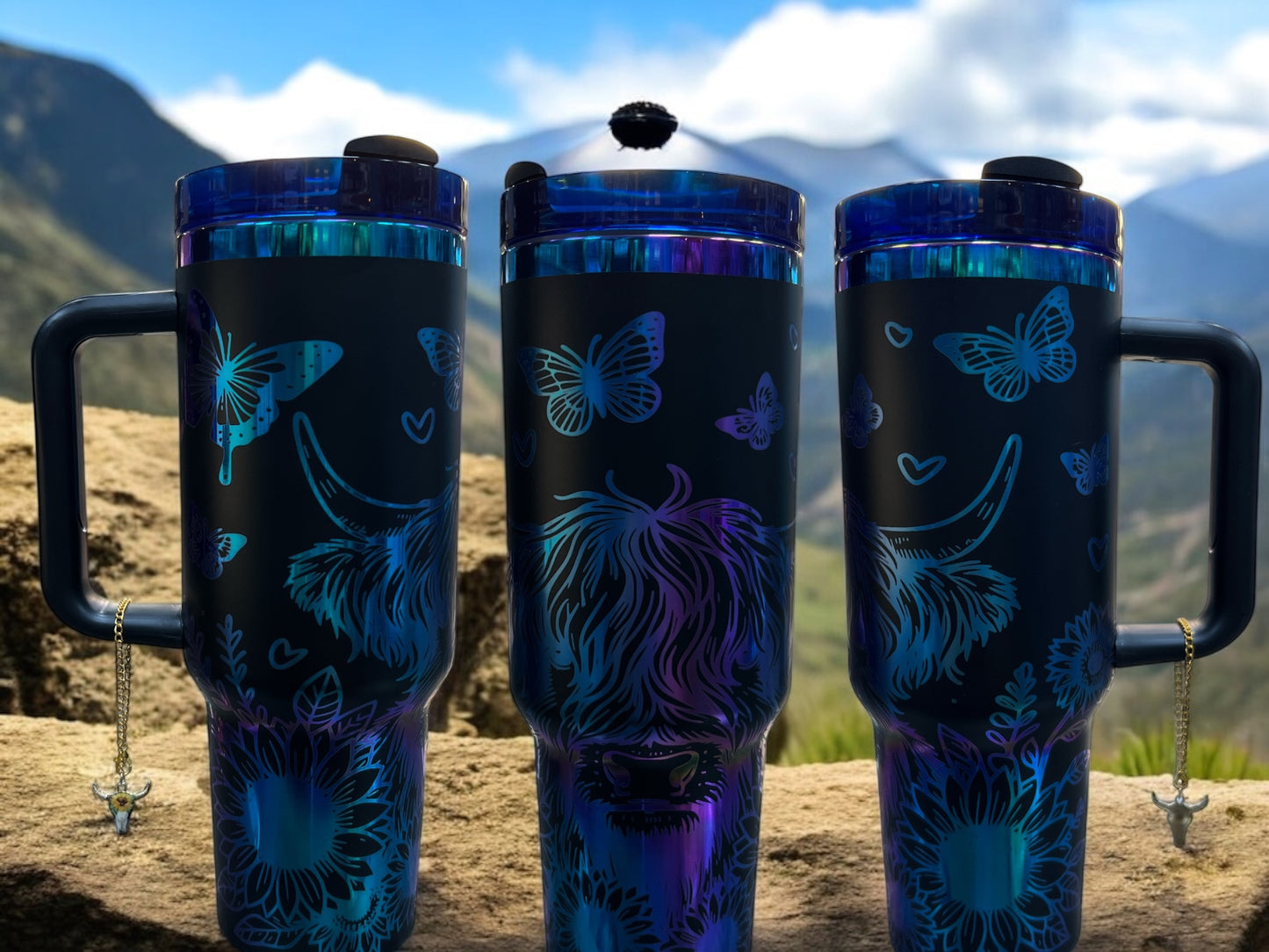 Cows and Sunflowers rainbow Engraved- 40oz Stainless Steel Portable Cup with Handle