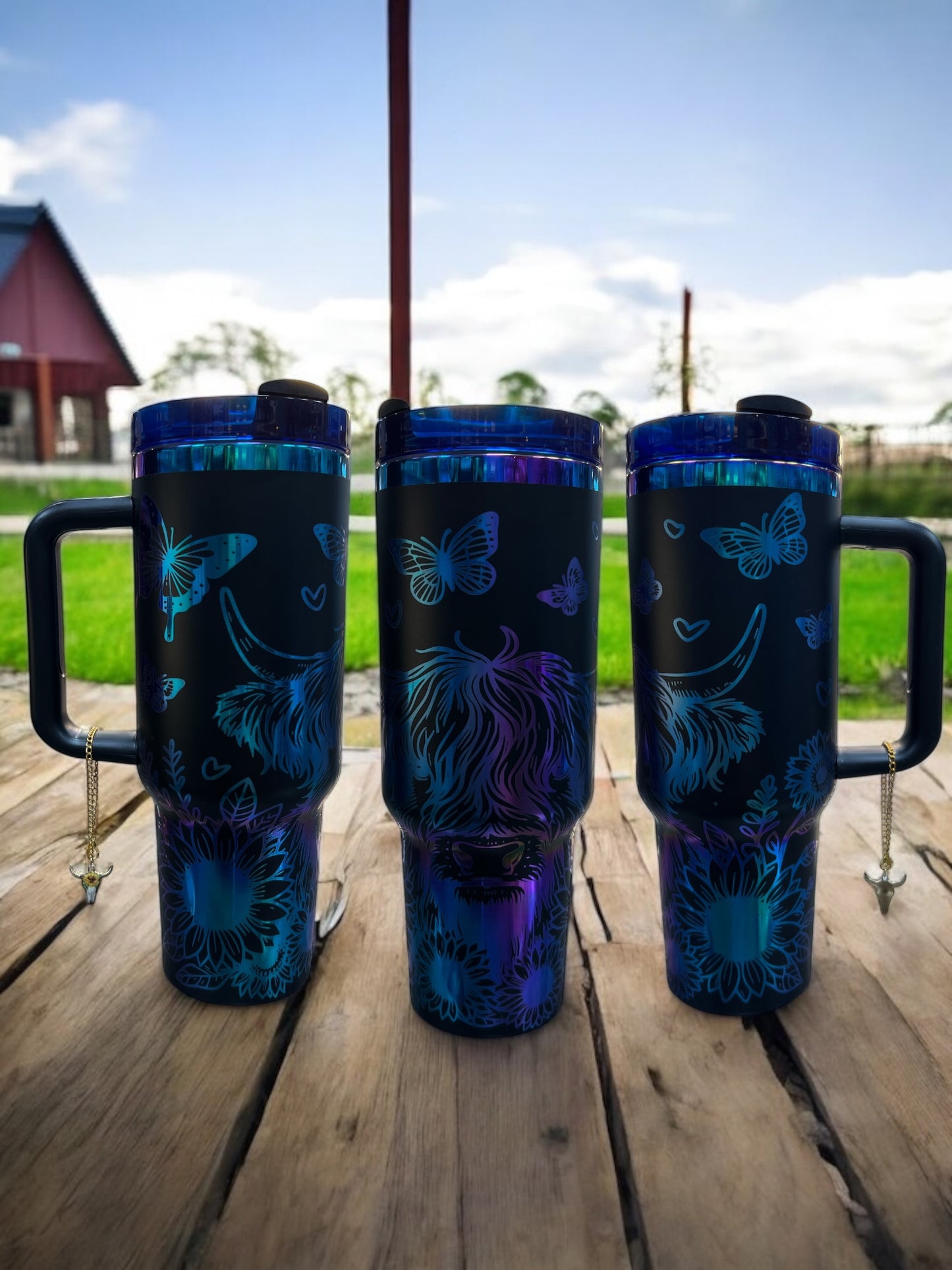Cows and Sunflowers rainbow Engraved- 40oz Stainless Steel Portable Cup with Handle