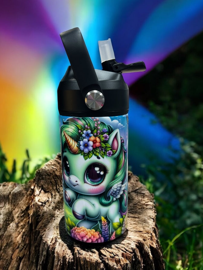 π¦πΏ SIP WITH MAGIC & BLOOM! πΏπ¦ 12oz Stainless Steel Kids Water Bottle β Green Flower Unicorn Design