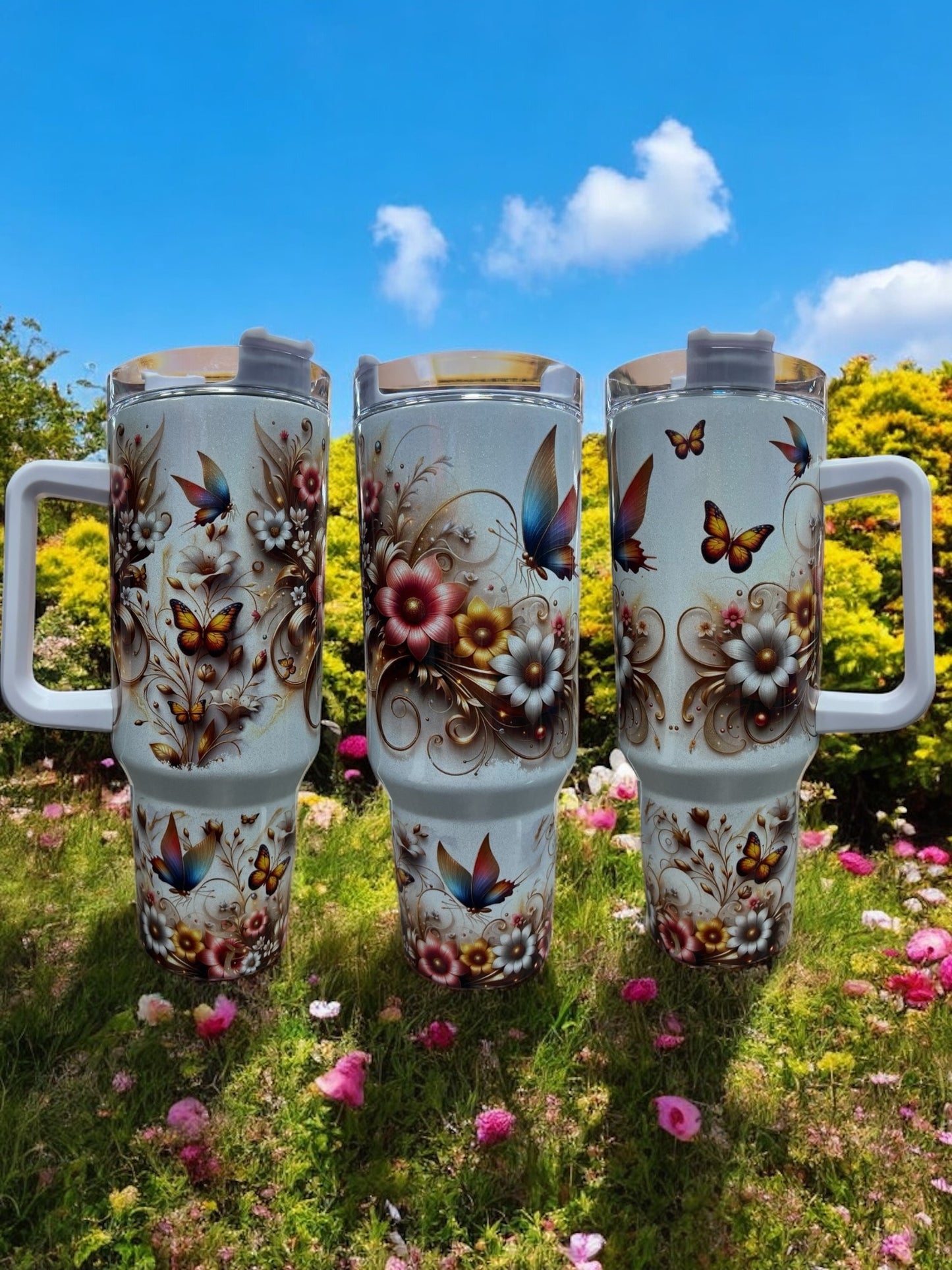 Butterflies and Flowers Beautiful Holographic Sparkle 40oz Cup Water Bottles - Reusable Portable Drinkware for Everyday Use