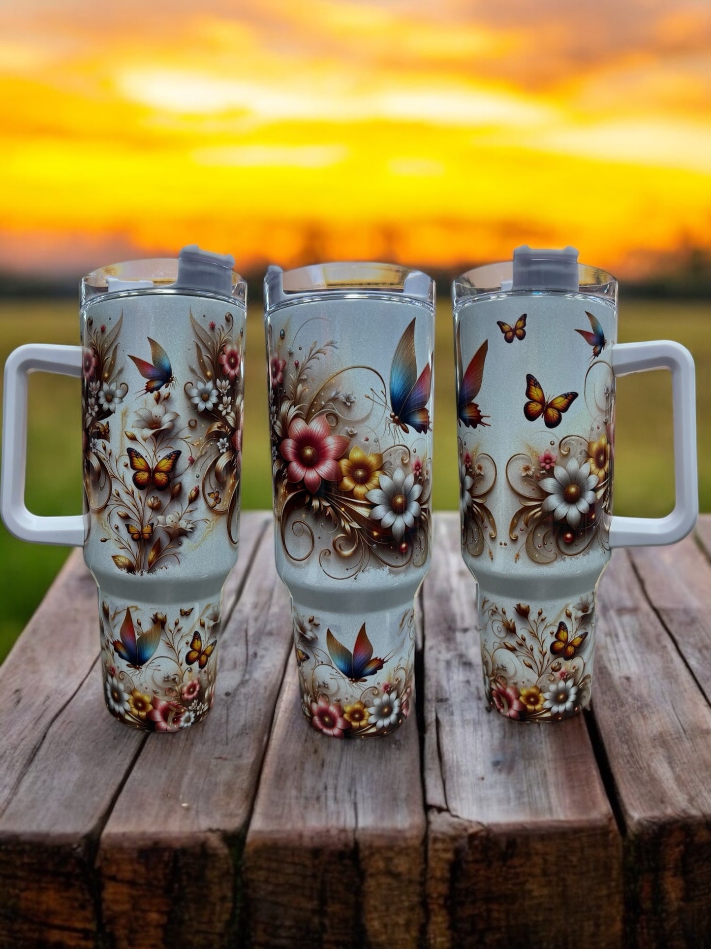 Butterflies and Flowers Beautiful Holographic Sparkle 40oz Cup Water Bottles - Reusable Portable Drinkware for Everyday Use