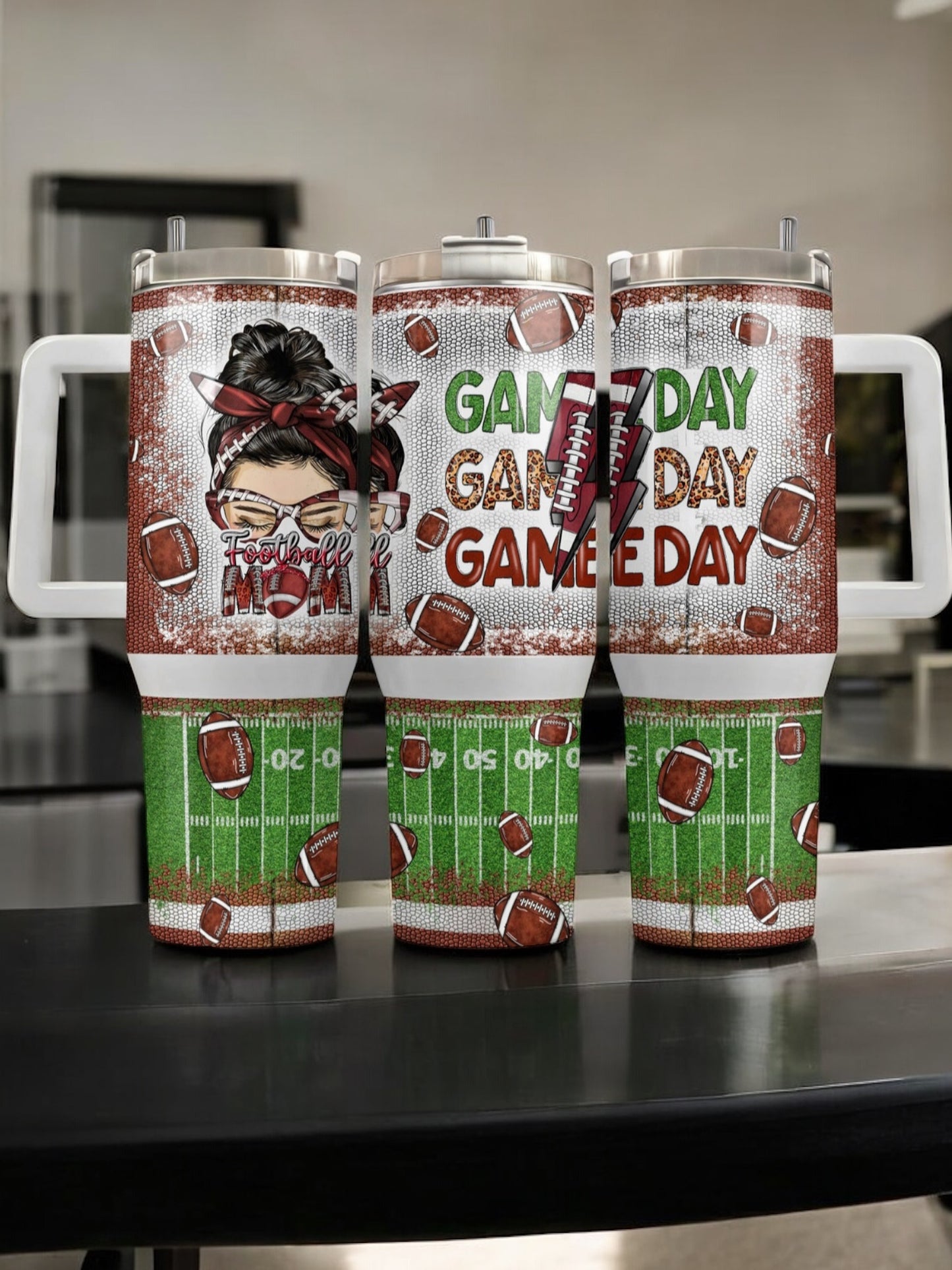 40oz “Football Mom” Stainless Steel Travel Tumbler with Handle