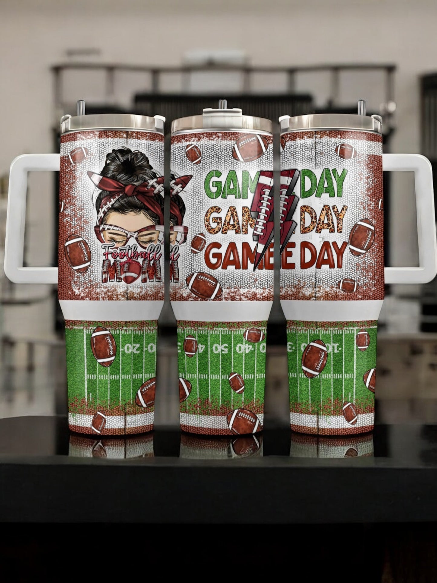 40oz “Football Mom” Stainless Steel Travel Tumbler with Handle