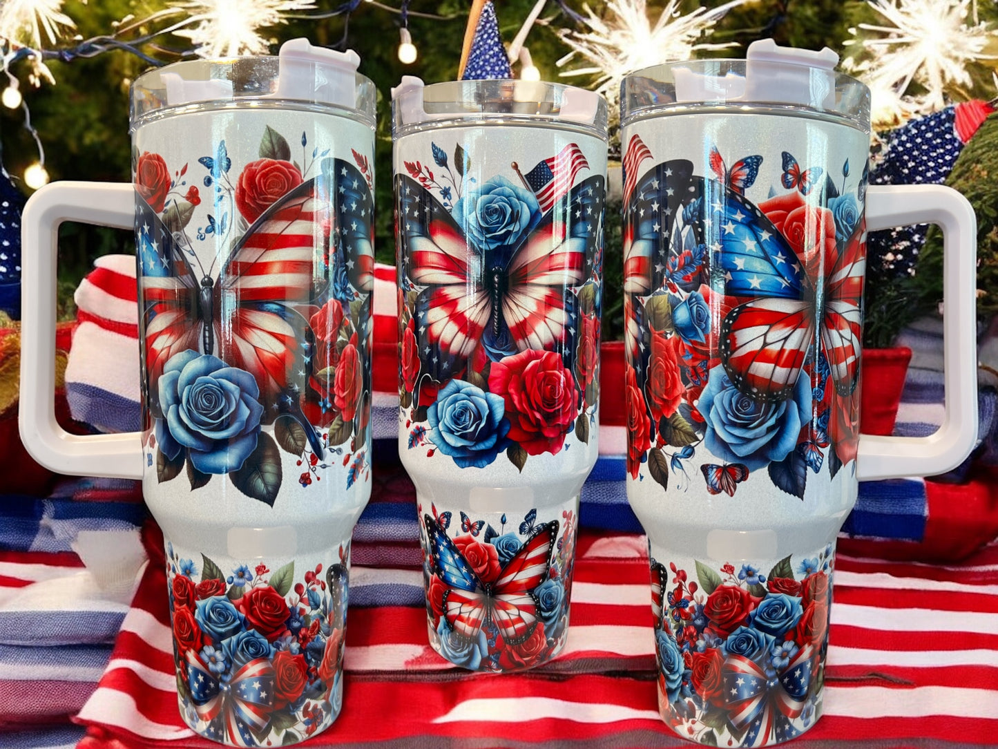 Butterfly 4Th of July Patriotic Holographic Sparkle Stainless Steel 40oz Insulated Cup Water Bottles