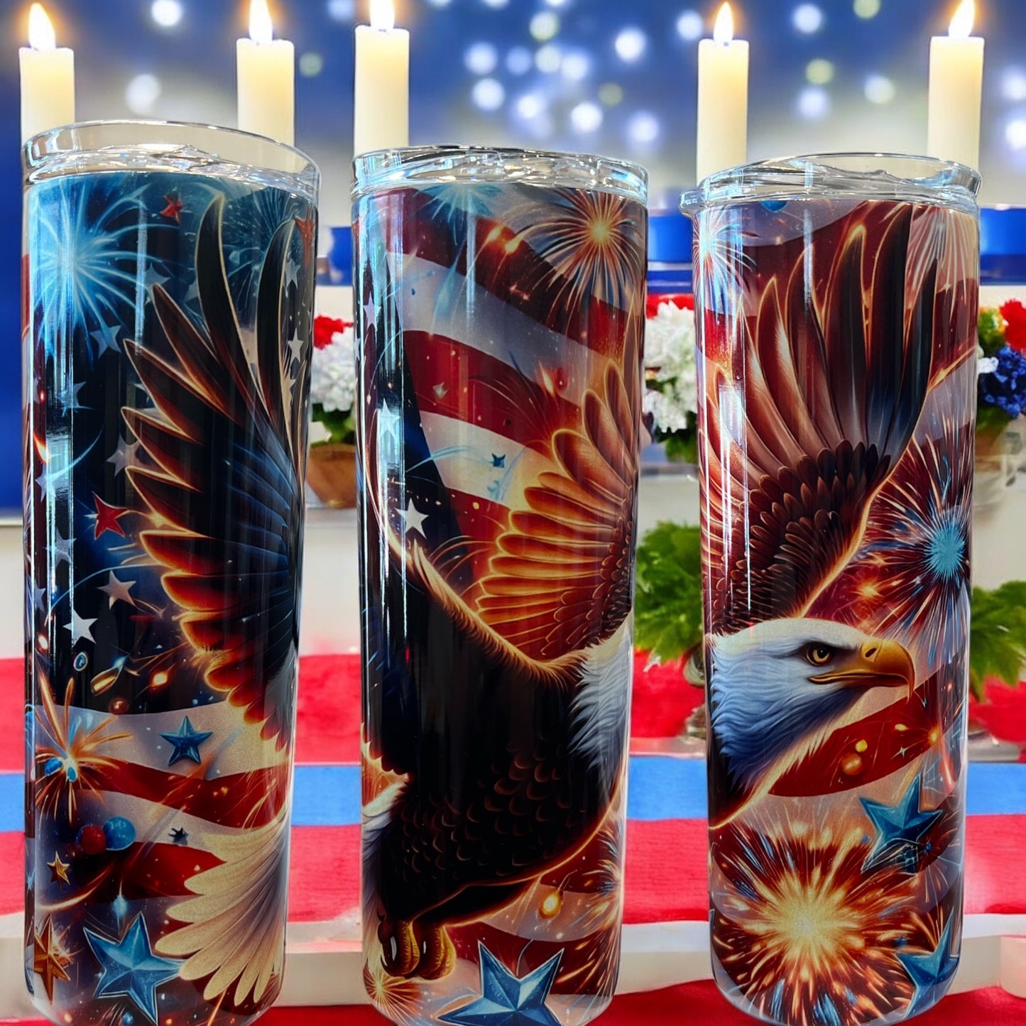 Patriotic Eagle, Fireworks, Flag Tumbler -20oz Stainless Steel Tumbler with and without Handle