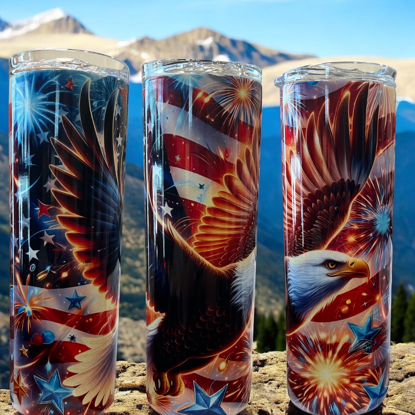 Patriotic Eagle, Fireworks, Flag Tumbler -20oz Stainless Steel Tumbler with and without Handle