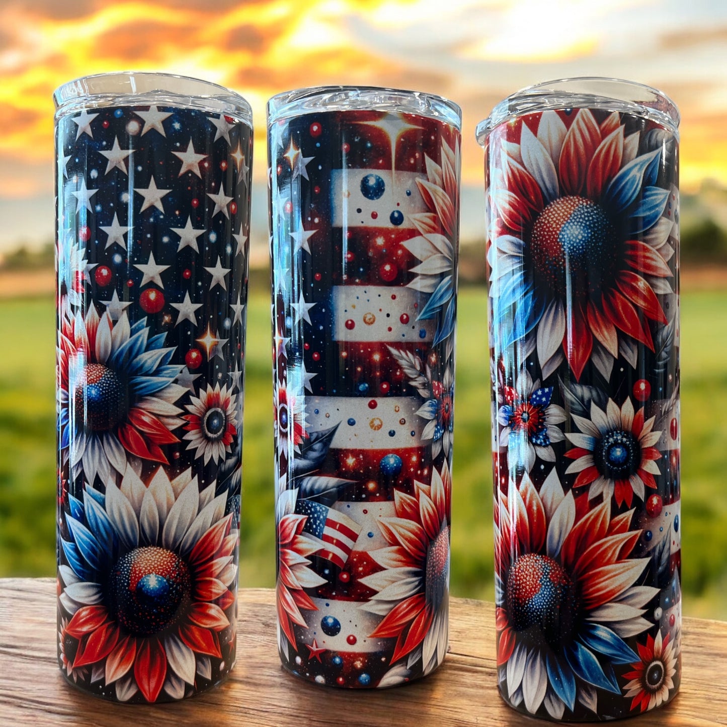 Red White and Blue Flowers Tumbler -20oz Stainless Steel Tumbler with and without Handle