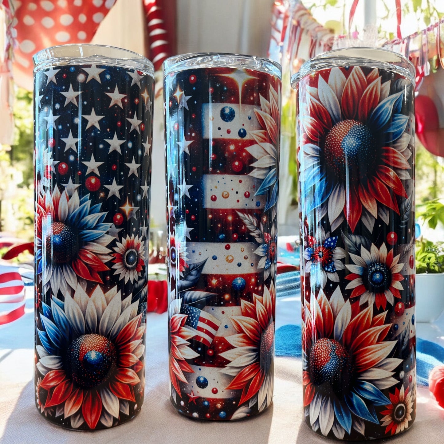 Red White and Blue Flowers Tumbler -20oz Stainless Steel Tumbler with and without Handle